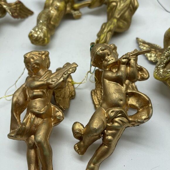 Vintage Cherub Gold Angel Ornaments Set of 8 Playing Instruments Painted Plastic - Picture 9 of 12